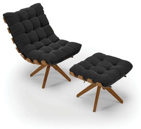 Poltrona com Puff Giratório Costela Suede Preto Base de Madeira MA30 M11 - D'Rossi