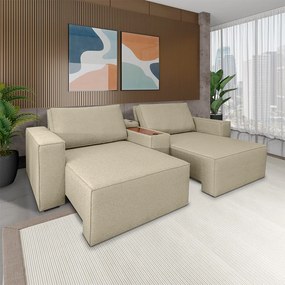 Sofá Decorativo Automatizado Shogun 232cm Reclinável 6 Posições Retrátil c/Console Central Entrada USB Bluetooth Linho Bege Escuro G33 - Gran Belo