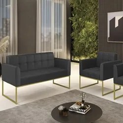 Sofá Namoradeira e 1 Poltrona Base Industrial Dourado Ana Sintético Pr