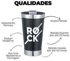 Copo Térmico Rock Baquetas Preto Com Tampa e Abridor Chopp