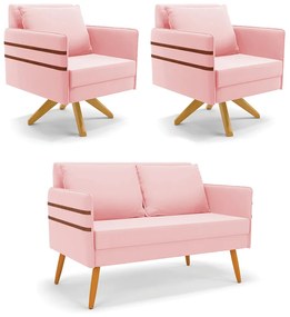Kit 01 Namoradeira 02 Lugares e 02 Poltronas Mari Suede Base de Madeira MA30 - D'Rossi - Rosa Bebê
