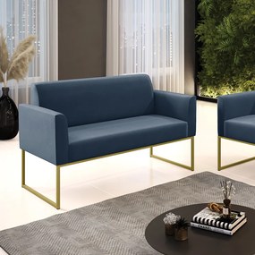 Sofá Namoradeira Base Industrial Dourado Marisa Suede Azul Marinho D03 - D'Rossi