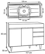 Balcão Gabinete com Pia Inox 120cm Michigan Branco - Lumil