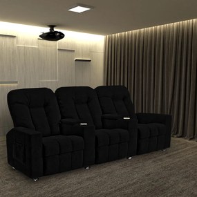 Poltrona Reclinável 3 lugares para Sala de Cinema Pequim Veludo Preto G23 - Gran Belo