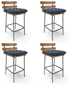 Kit 04 Banquetas Costela Suede Base Metálica Preto - D'Rossi - Azul Marinho