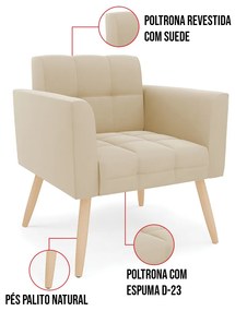 Kit 1 Sofá Namoradeira e 1 Poltrona Elisa Suede Pés Palito Natural D03 - D'Rossi - Bege