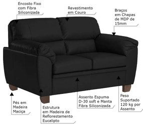 Sofá 2 Lugares Sala de Estar Pés em Madeira Nauru Couro Preto G43 - Gran Belo