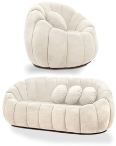 Sofá 2 Lugares com Poltrona Giratória Orgânica Cloud Bouclê Bege E03 - D'Rossi