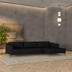 Sofá Bipartido Sala de Estar Kiara 332cm Chaise Direito Pés de Ferro Couro Preto G52 - Gran Belo