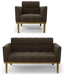 Sofá Namoradeira e 1 Poltrona Base Madeira Castanho Ana Suede Marrom -