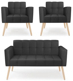 Kit 1 Sofá Namoradeira e 2 Poltronas Elisa Corino Preto Pés Palito Natural - D'Rossi