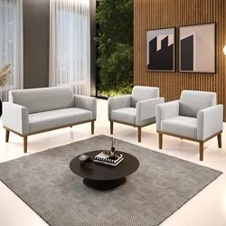 Sofá Namoradeira e 2 Poltronas Base Madeira Castanho Maressa Veludo Ci