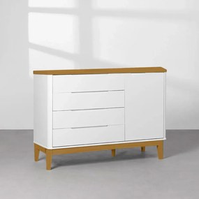 Cômoda Boom 4 Gavetas e 1 Porta Branco com Pés Square Mel - Branco e Savana - Cômoda Boom 4 Gavetas e 1 Porta Branco com Pés Square Mel - Branco Fosco e Savana