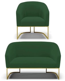 Sofá Namoradeira e Poltrona Base Industrial Dourado Stella Veludo D03 - D'Rossi - Verde