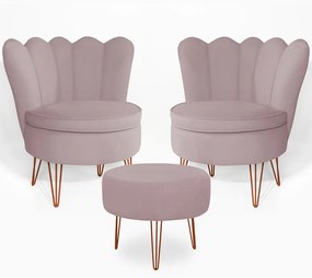 Conjunto 2 Poltrona Dália com Puff Chloe Pés Hairpin Legs Bronze Veludo Crepe