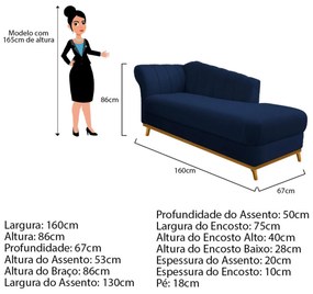 Recamier Vanessa 160cm Lado Direito Suede Azul Marinho - ADJ Decor