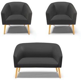 Namoradeira e 2 Poltronas Pé Palito Castanho Stella Sintético D03 - D'Rossi - Preto