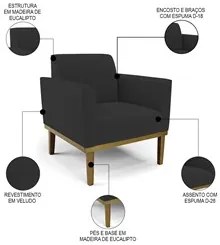 Sofá Namoradeira e 2 Poltronas Base Madeira Castanho Maressa Veludo Pr