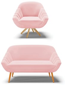 Kit 01 Namoradeira 02 Lugares e 01 Poltrona Giratória Giovana Suede Rosa Bebê Base Madeira MA30 - D'Rossi