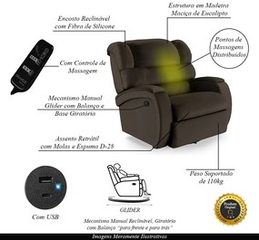 Poltrona do Papai Sala de Cinema Reclinável Kylie Glider Manual Giratória Massagem USB PU Marrom G23