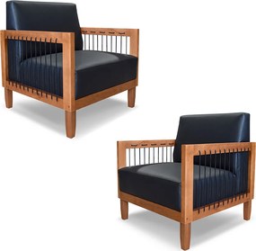 Kit 2 Poltronas Sala de Estar Pés Madeira Maciça Corda Náutica Preta 75cm Manila PU Preto G63 - Gran Belo