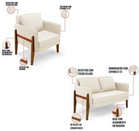 Kit 1 Sofá Namoradeira e 2 Poltronas Lana Veludo Bege Base de Madeira