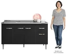 Balcão Gabinete Com Pia Inox 150cm 4 Portas e 1 Gaveta Gabriela Preto
