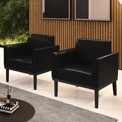 Poltrona Base Madeira Preto Kit 2 Maressa Sintético PU Preto - Ibiza