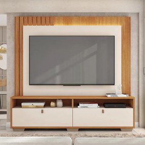 Estante Home Theater 200cm Detalhe Ripado até 70 Puxadores PU Fita LED Blida Freijó/Off White G11 - Gran Belo