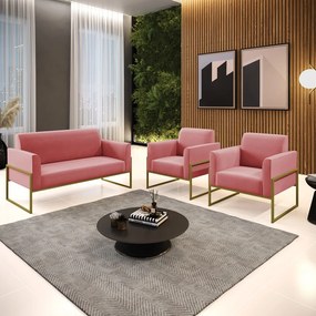 Sofá Namoradeira com 2 Poltronas Base Industrial Alta Dourado Marisa Suede D03 - D'Rossi - Rose