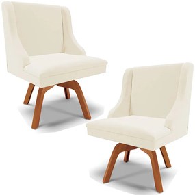 Kit 2 Poltronas Decorativas Base Giratória de Madeira Firenze Veludo Bege/Natural G19 - Gran Belo