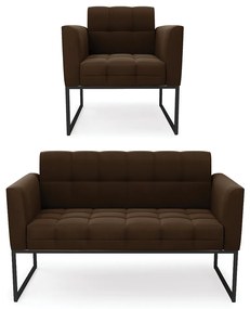 Kit 1 Sofá Namoradeira e 1 Poltrona Elisa Suede Marrom Base Metálica Industrial Preto - D'Rossi