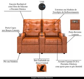 Poltrona do Papai Reclinável Sala de Cinema Movie 2 Lugares Manual Baú USB PU Caramelo Brilho