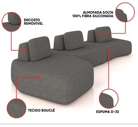 Sofá 3 Lugares Orgânico com Chaise e 2 Módulos Berlim Bouclê Grafite K01 - D'Rossi