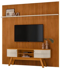 Painel TV 75 Pol 238cm Ripado Kalven com Rack Bancada Enzari M20 - D'Rossi - Cinamomo(fosco)/Off White(brilho)
