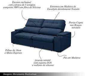 Sofá Retrátil e Reclinável 4 Lugares 250cm Zoho Porta Copos no Braço Veludo Azul G22 - Gran Belo