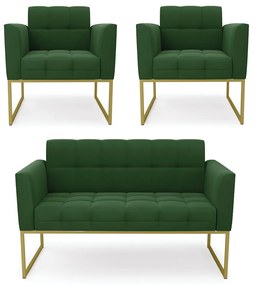 Kit 1 Sofá Namoradeira e 2 Poltronas Elisa Suede Base Metálica Industrial Dourado - D'Rossi - Verde