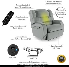 Poltrona do Papai Sala de Cinema Reclinável Kylie Power Elétrica Massagem USB PU Cinza G23