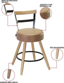 Banqueta Baixa Cozinha 50cm Encosto Pé Madeira Kit 6 Kyara Pu S02 - D'Rossi - Caramelo
