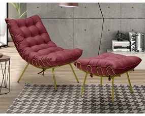 Conjunto Decorativo Poltrona e Puff Abel Base de Ferro Dourada Suede Bordô G41 - Gran Belo