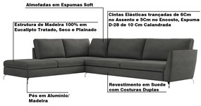 Sofá de Canto Chaise Esquerdo 267 cm Olívia Suede Grafite G52 - Gran Belo