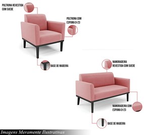 Conjunto 2 Poltronas e 1 Namoradeira Decorativa Isabella Pés Fixo em Madeira Preto Suede Rose G19 - Gran Belo