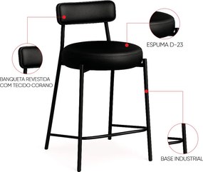 Banqueta Cozinha Alta com Encosto Industrial Preto Kit 6 Londres PU D03 - D'Rossi - Preto