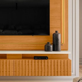 Painel TV 75 Pol 216cm Bancada Suspensa Ripado Lurian M20 - D'Rossi - Cinamomo e Off White