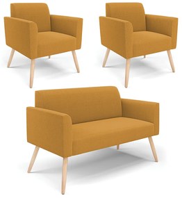 Namoradeira e 2 Poltronas Pé Palito Natural Marisa Bouclê - Mostarda