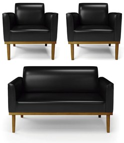 Conjunto 2 Poltronas e 1 Namoradeira Decorativa Isabella Pés Fixo em Madeira Castanho PU Preto Brilho G19 - Gran Belo