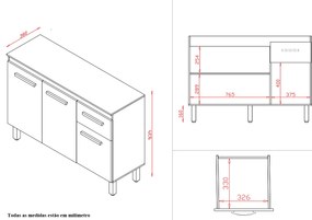 Balcão Zínia 3 Portas 1 Gaveta e Tampo Cozinha MB1 120cm