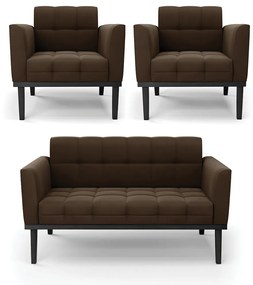 Sofá Namoradeira e 2 Poltronas Base de Madeira Preto Elisa Suede D03 - D'Rossi - Marrom