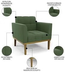 Poltrona Base Madeira Castanho Kit 2 Ana Suede Verde - Ibiza