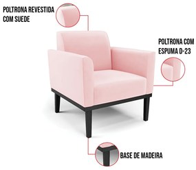 Poltrona Base de Madeira Fixa Preto Marisa Suede  D03 - D'Rossi - Rosa Bebê